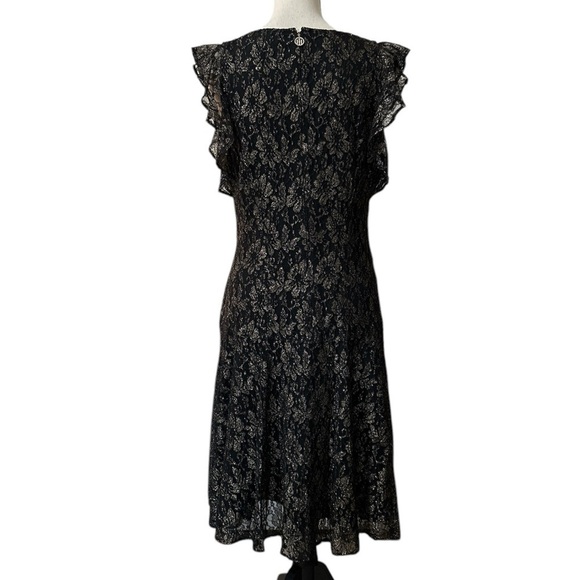 Tommy Hilfiger Black Gold Floral Mesh Lace Dress Flutter Sleeve Dress Sz. 12 - Picture 7 of 14